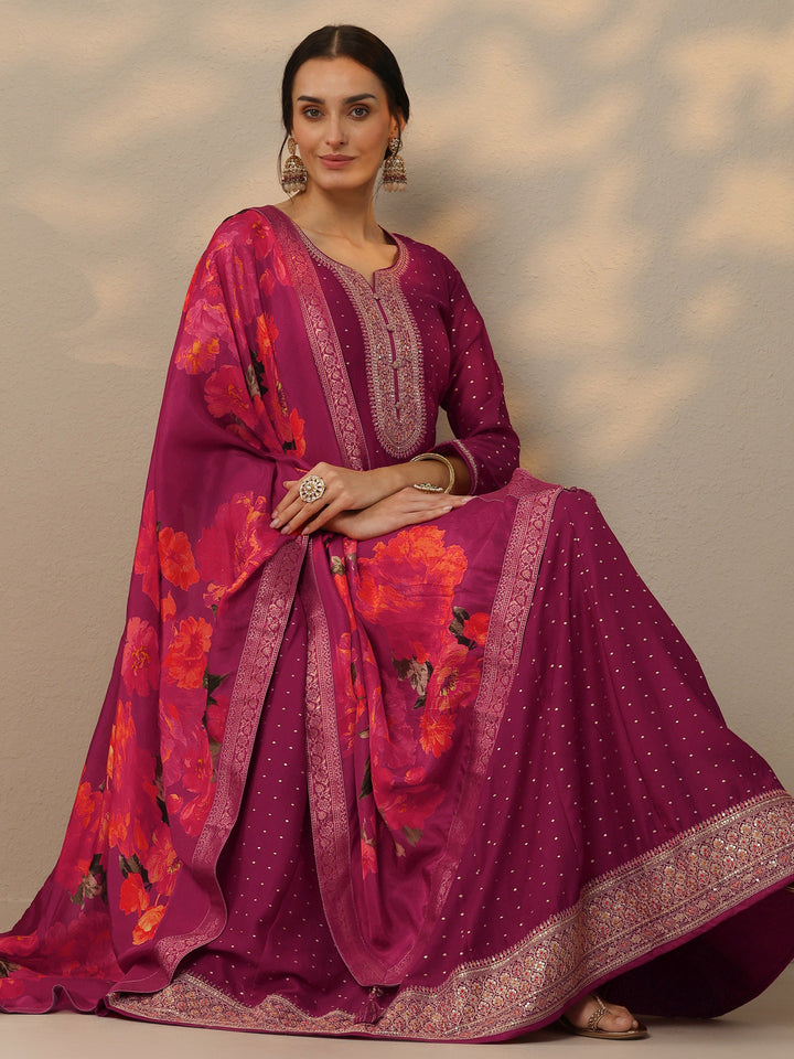 Magenta Embellished Silk Blend A-Line Gown With Dupatta
