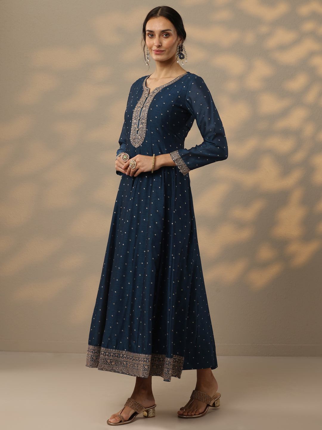 Navy Blue Embellished Silk Blend A-Line Gown With Dupatta