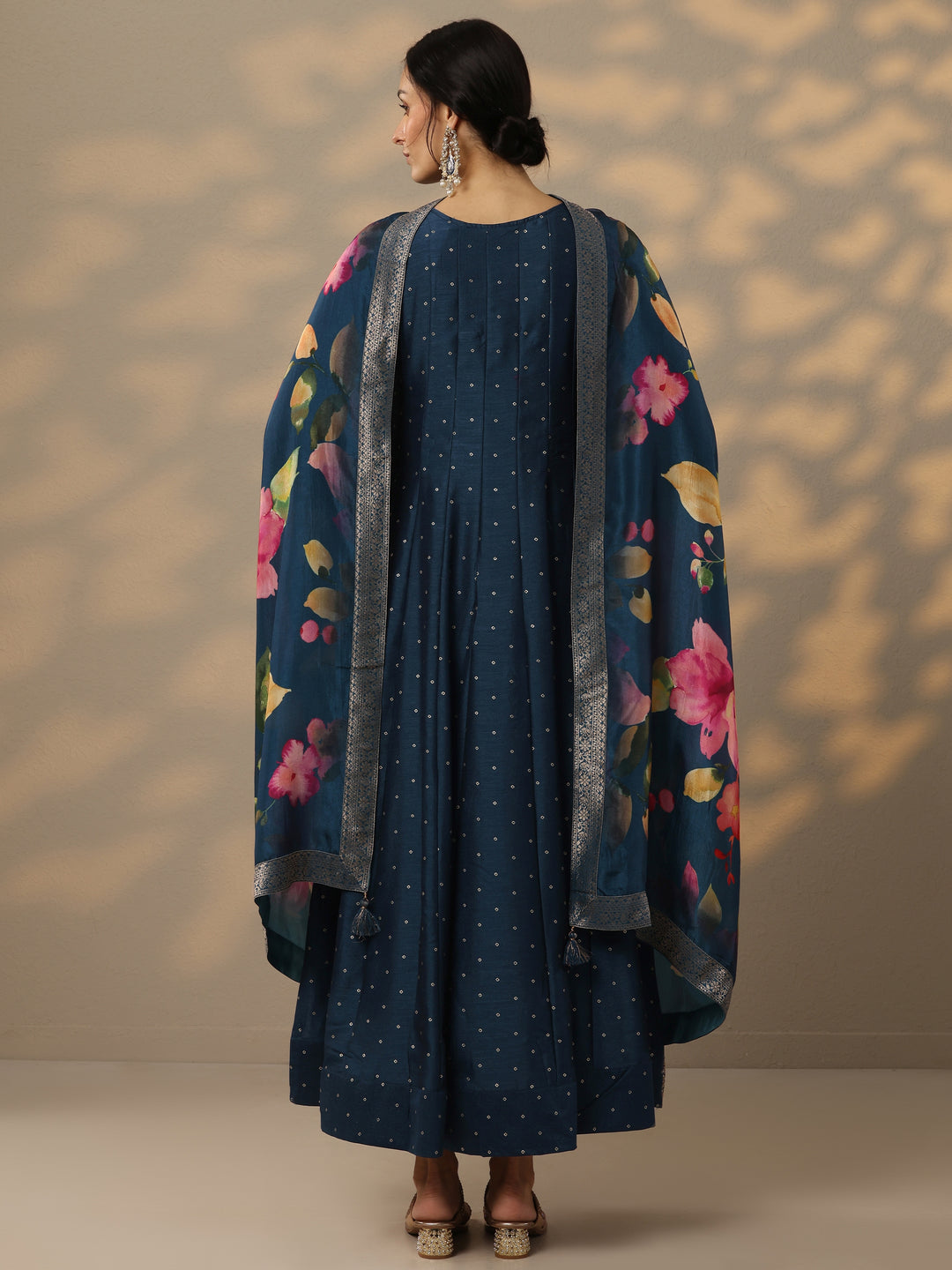 Navy Blue Embellished Silk Blend A-Line Gown With Dupatta