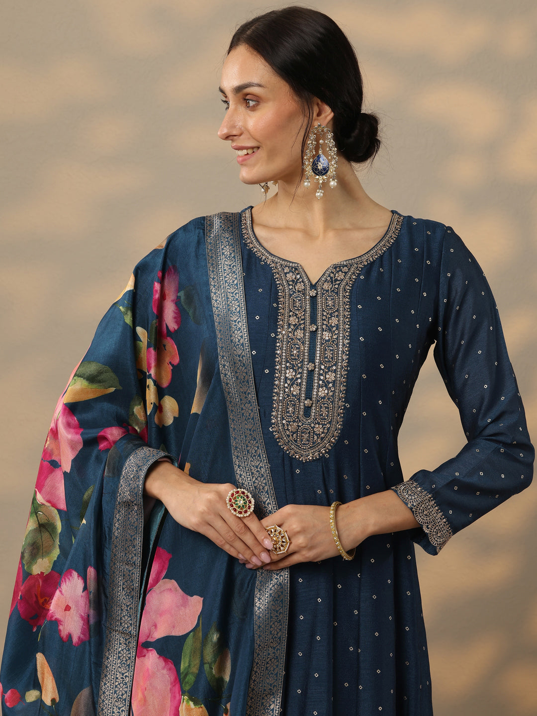 Navy Blue Embellished Silk Blend A-Line Gown With Dupatta