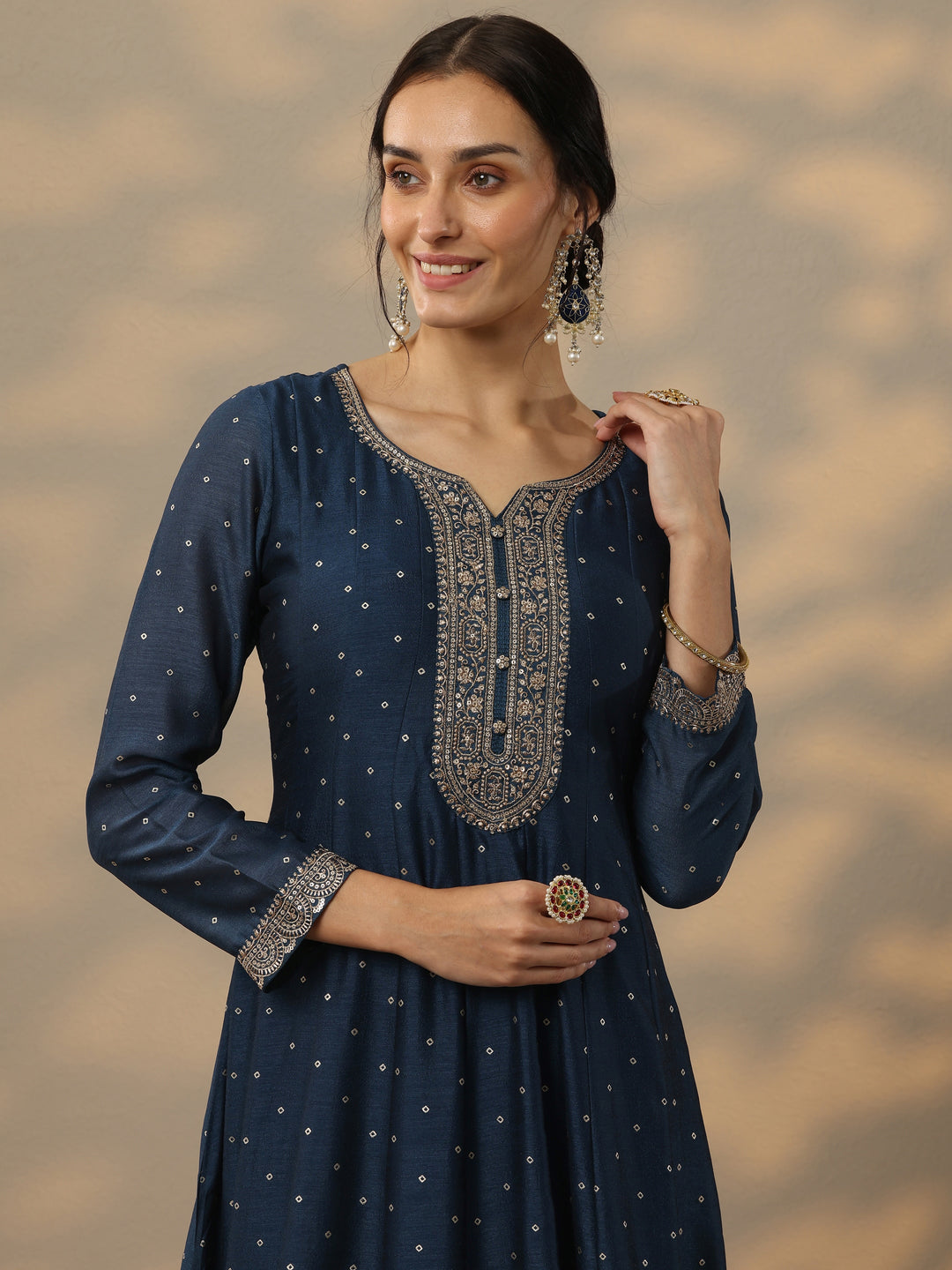 Navy Blue Embellished Silk Blend A-Line Gown With Dupatta