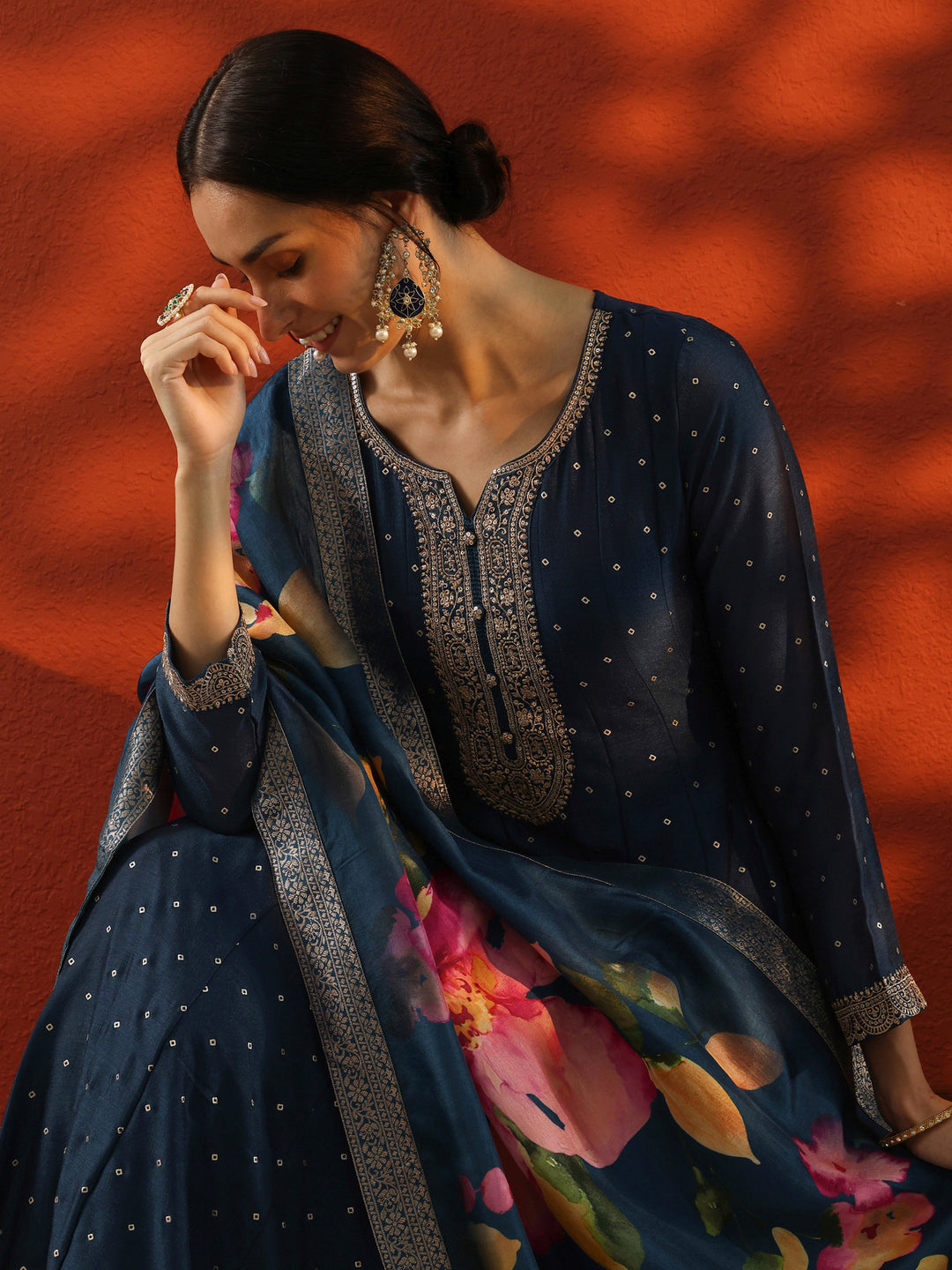 Navy Blue Embellished Silk Blend A-Line Gown With Dupatta
