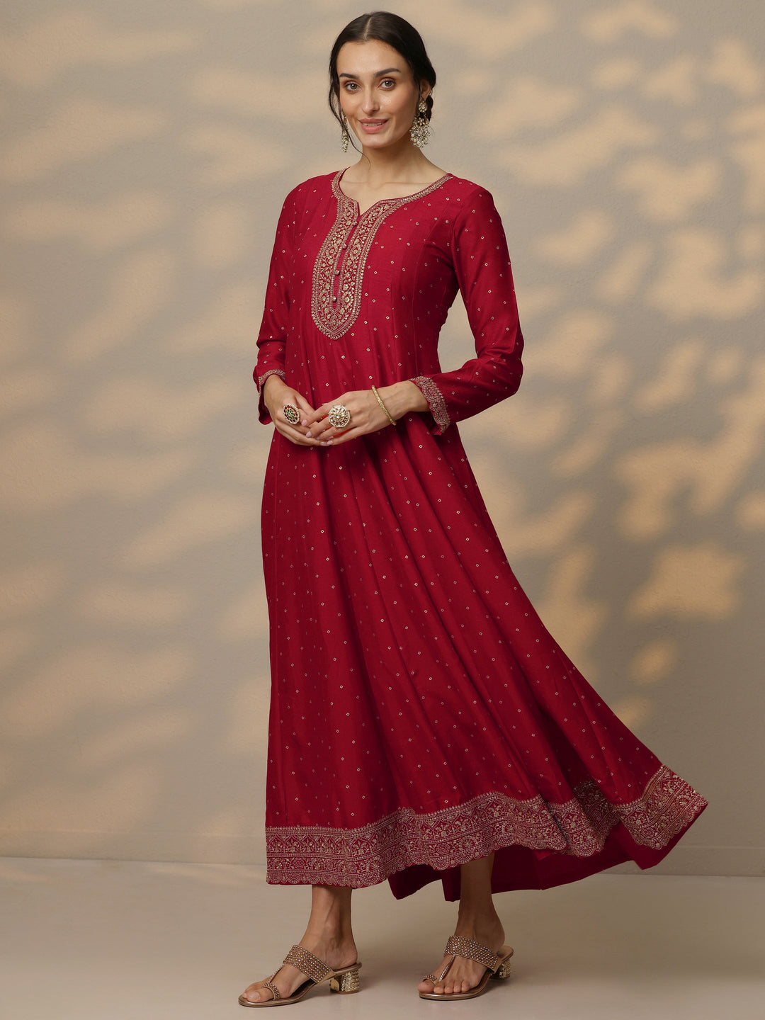 Red Embellished Silk Blend A-Line Gown With Dupatta