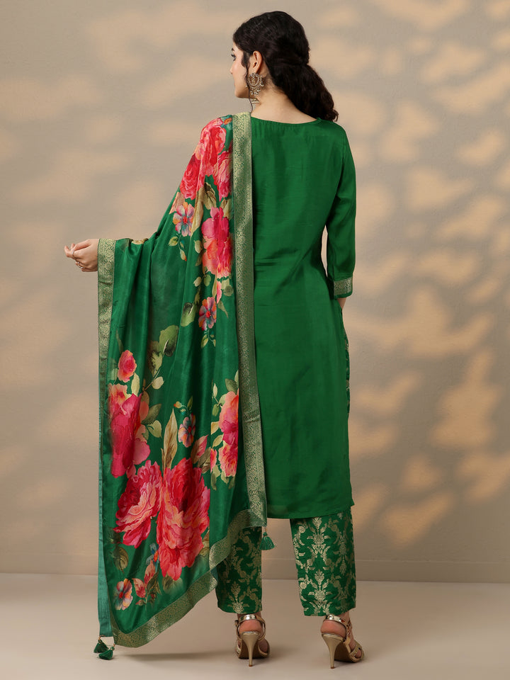 Green Woven Design Silk Blend Straight Suit Set With Dupatta