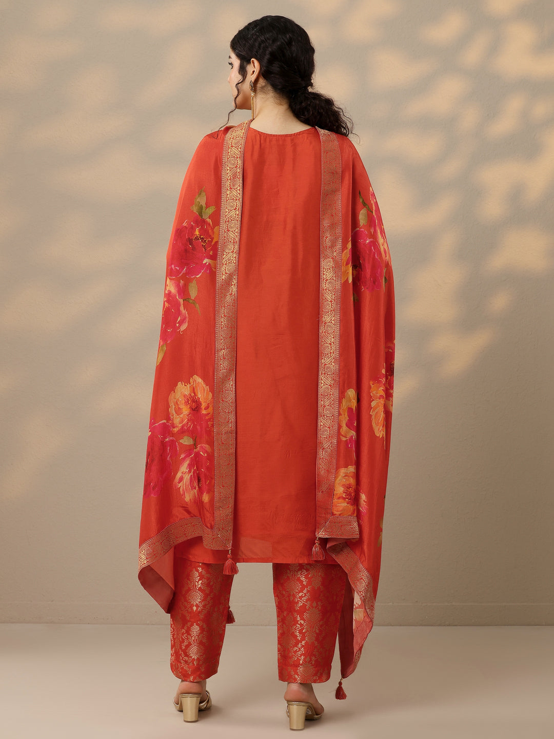 Rust Woven Design Silk Blend Straight Suit Set With Dupatta