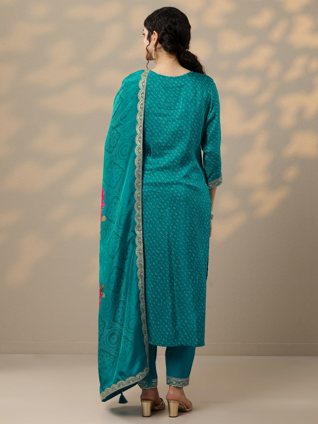 Blue Printed Silk Blend Straight Suit Set With Dupatta