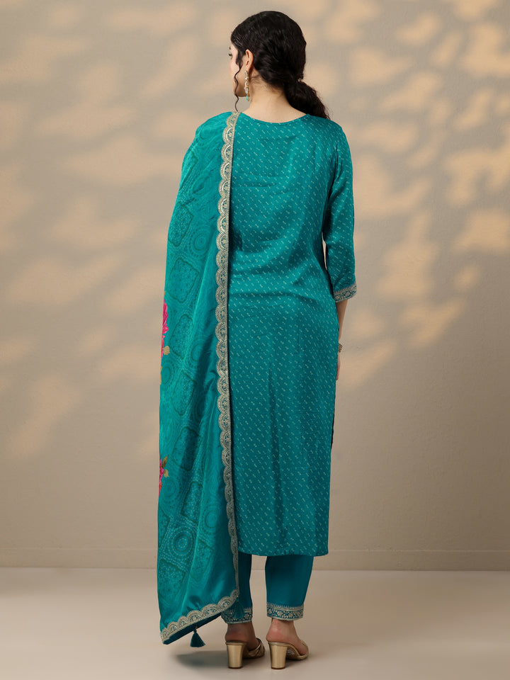 Blue Printed Silk Blend Straight Suit Set With Dupatta