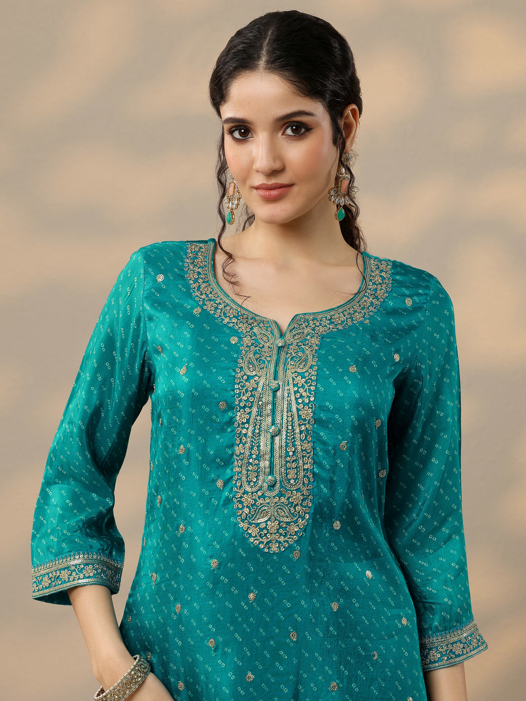 Blue Printed Silk Blend Straight Suit Set With Dupatta