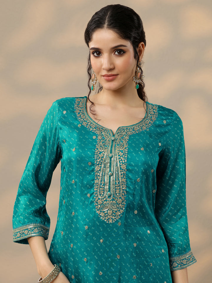Blue Printed Silk Blend Straight Suit Set With Dupatta