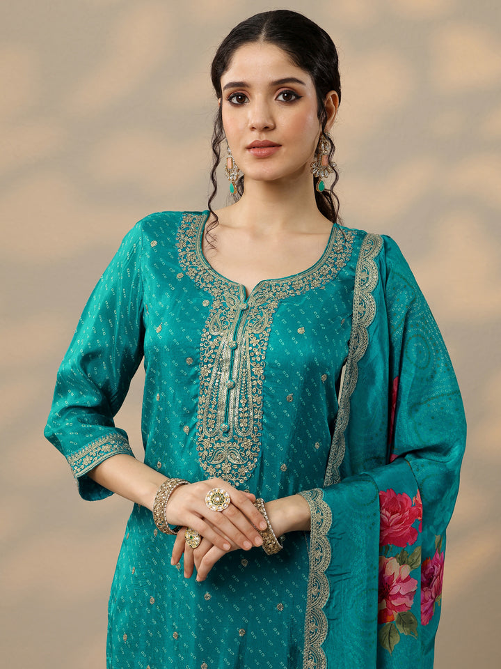 Blue Printed Silk Blend Straight Suit Set With Dupatta
