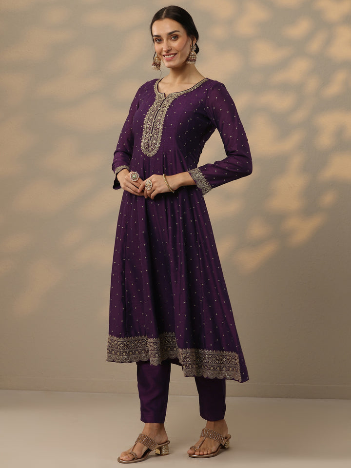 Purple Embroidered Silk Blend Anarkali Suit Set With Dupatta