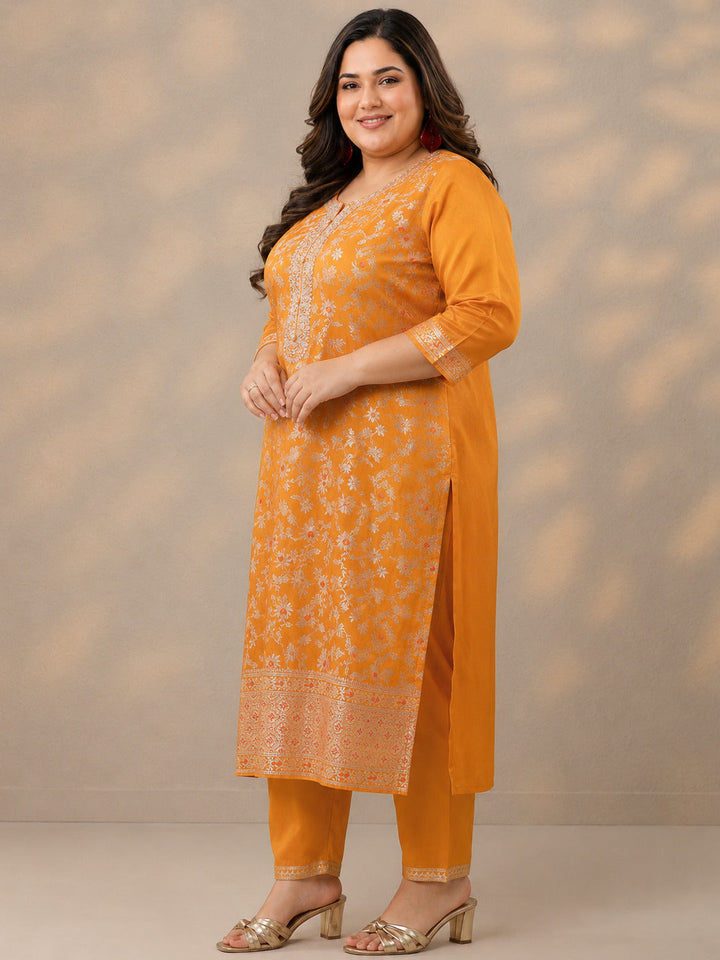 Plus Size Orange Woven Design Silk Blend Straight Suit Set With Dupatta