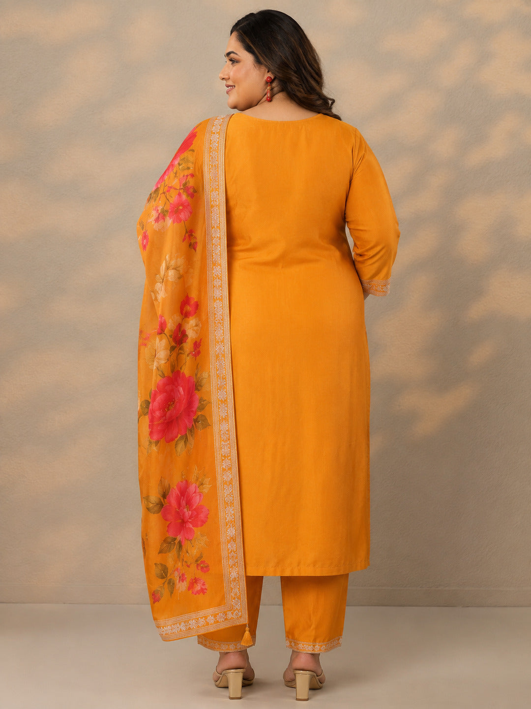 Plus Size Orange Woven Design Silk Blend Straight Suit Set With Dupatta