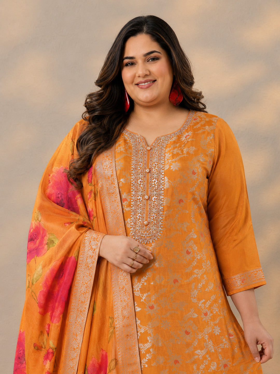 Plus Size Orange Woven Design Silk Blend Straight Suit Set With Dupatta