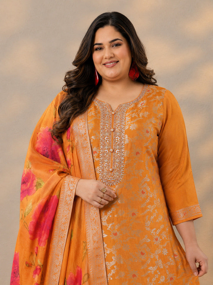 Plus Size Orange Woven Design Silk Blend Straight Suit Set With Dupatta