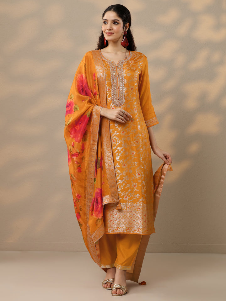Orange Woven Design Silk Blend Straight Suit Set With Dupatta