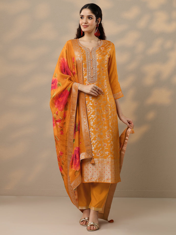Orange Woven Design Silk Blend Straight Suit Set With Dupatta