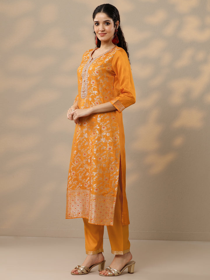 Orange Woven Design Silk Blend Straight Suit Set With Dupatta
