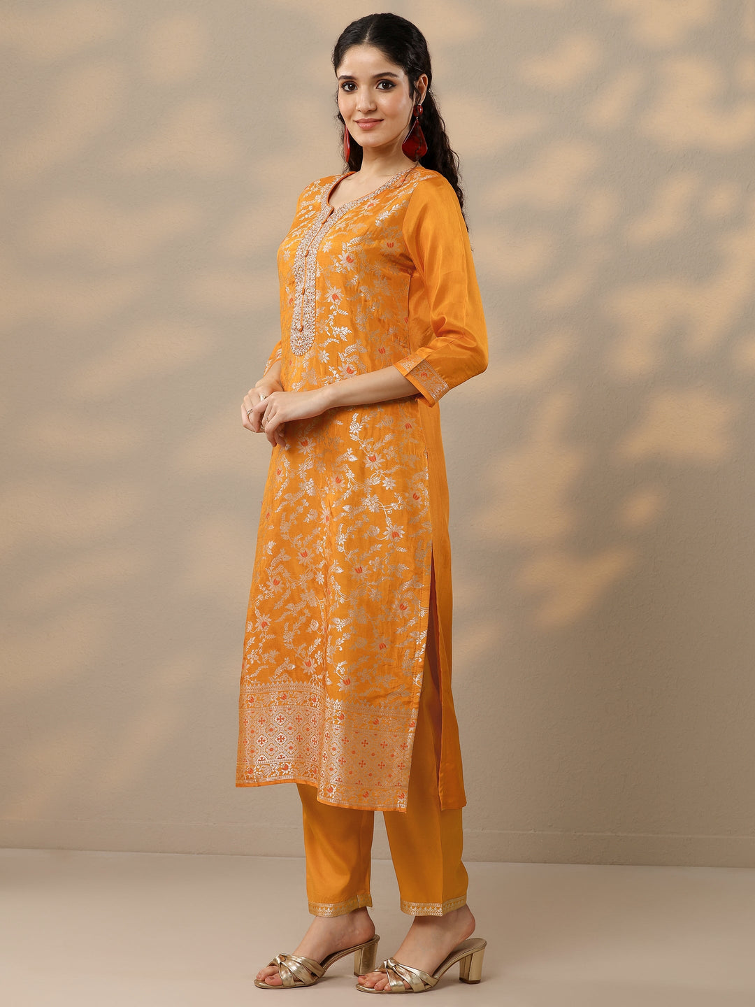 Orange Woven Design Silk Blend Straight Suit Set With Dupatta