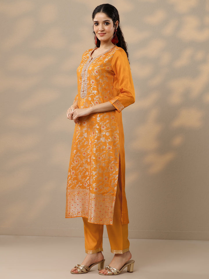 Orange Woven Design Silk Blend Straight Suit Set With Dupatta
