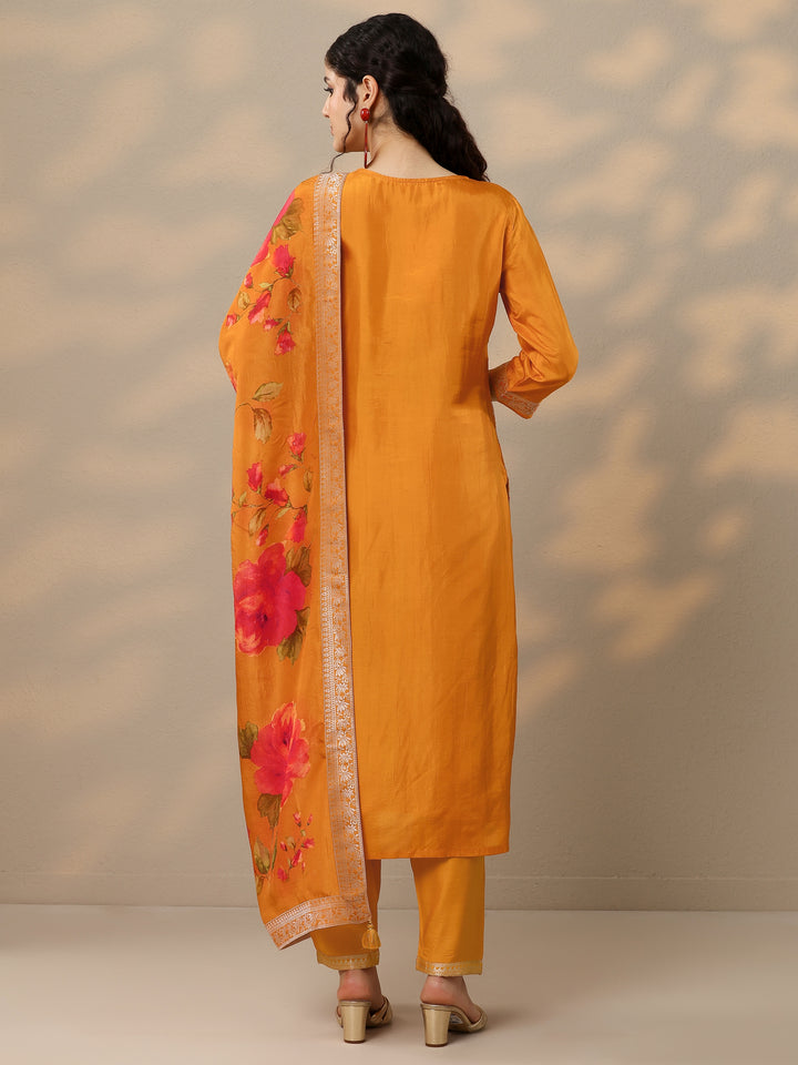Orange Woven Design Silk Blend Straight Suit Set With Dupatta