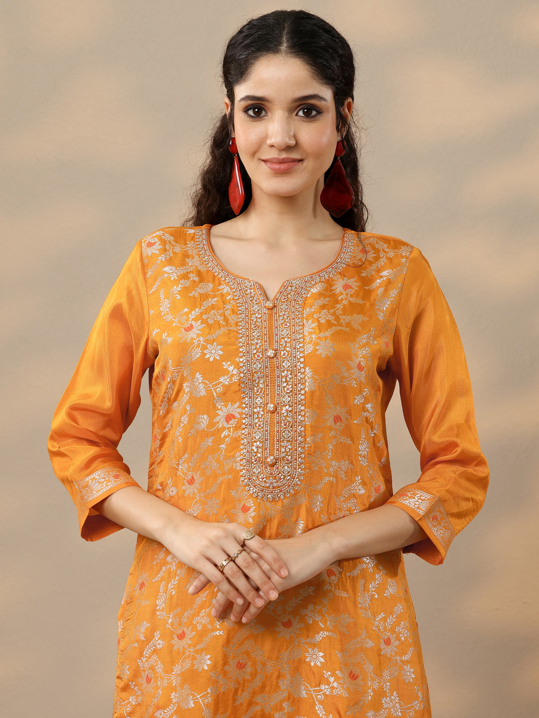 Orange Woven Design Silk Blend Straight Suit Set With Dupatta
