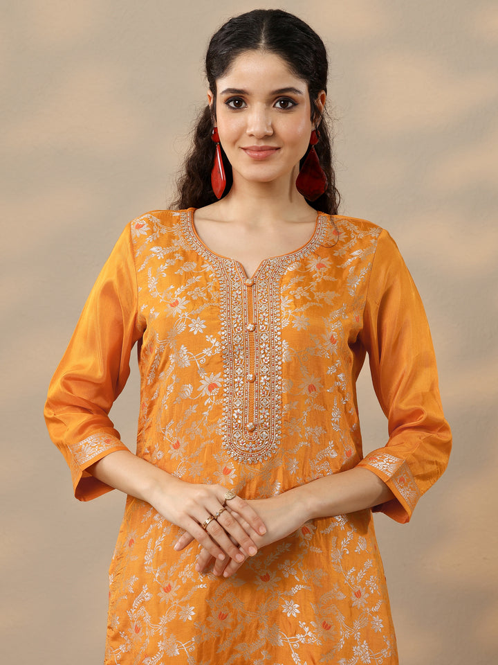 Orange Woven Design Silk Blend Straight Suit Set With Dupatta