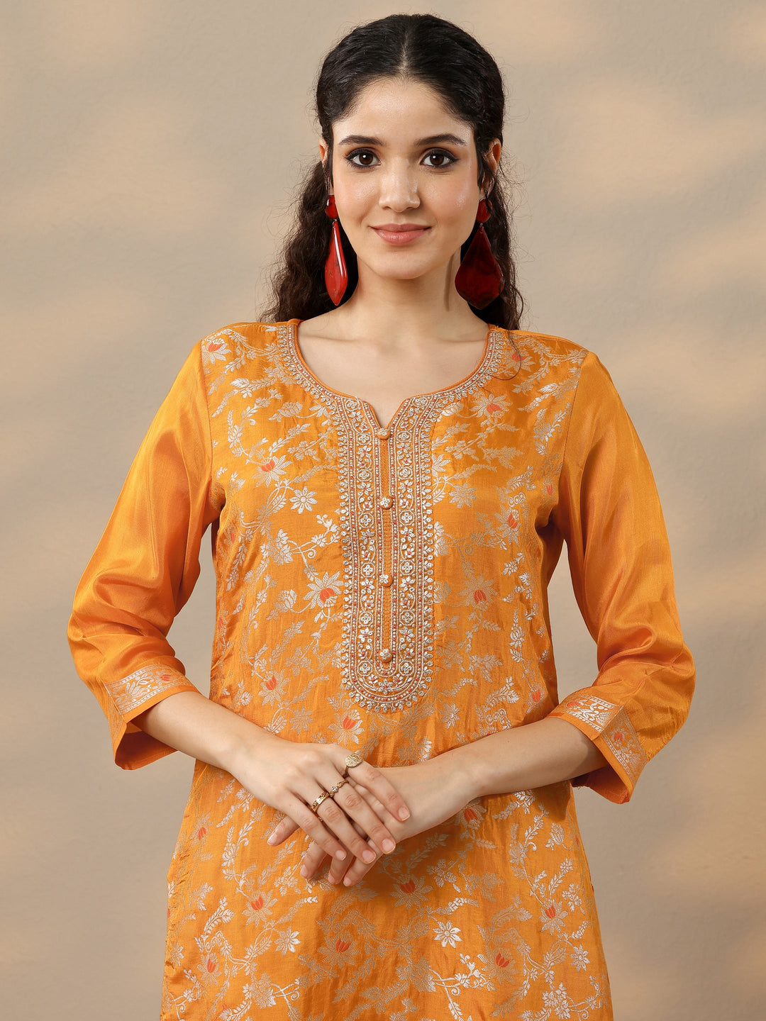 Orange Woven Design Silk Blend Straight Suit Set With Dupatta