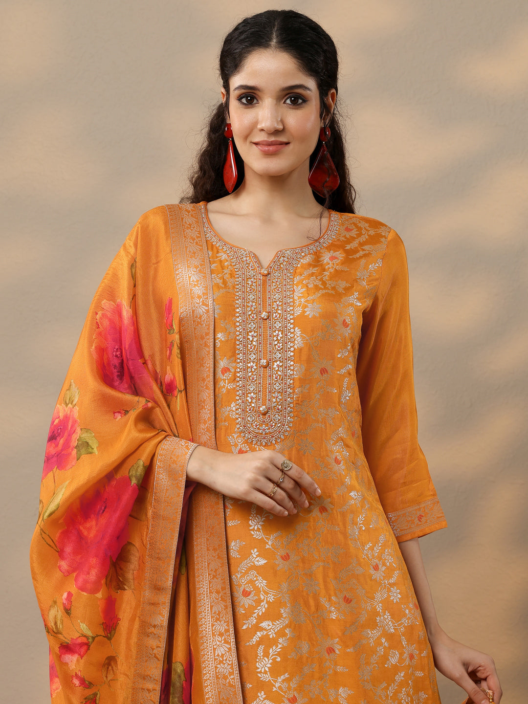 Orange Woven Design Silk Blend Straight Suit Set With Dupatta