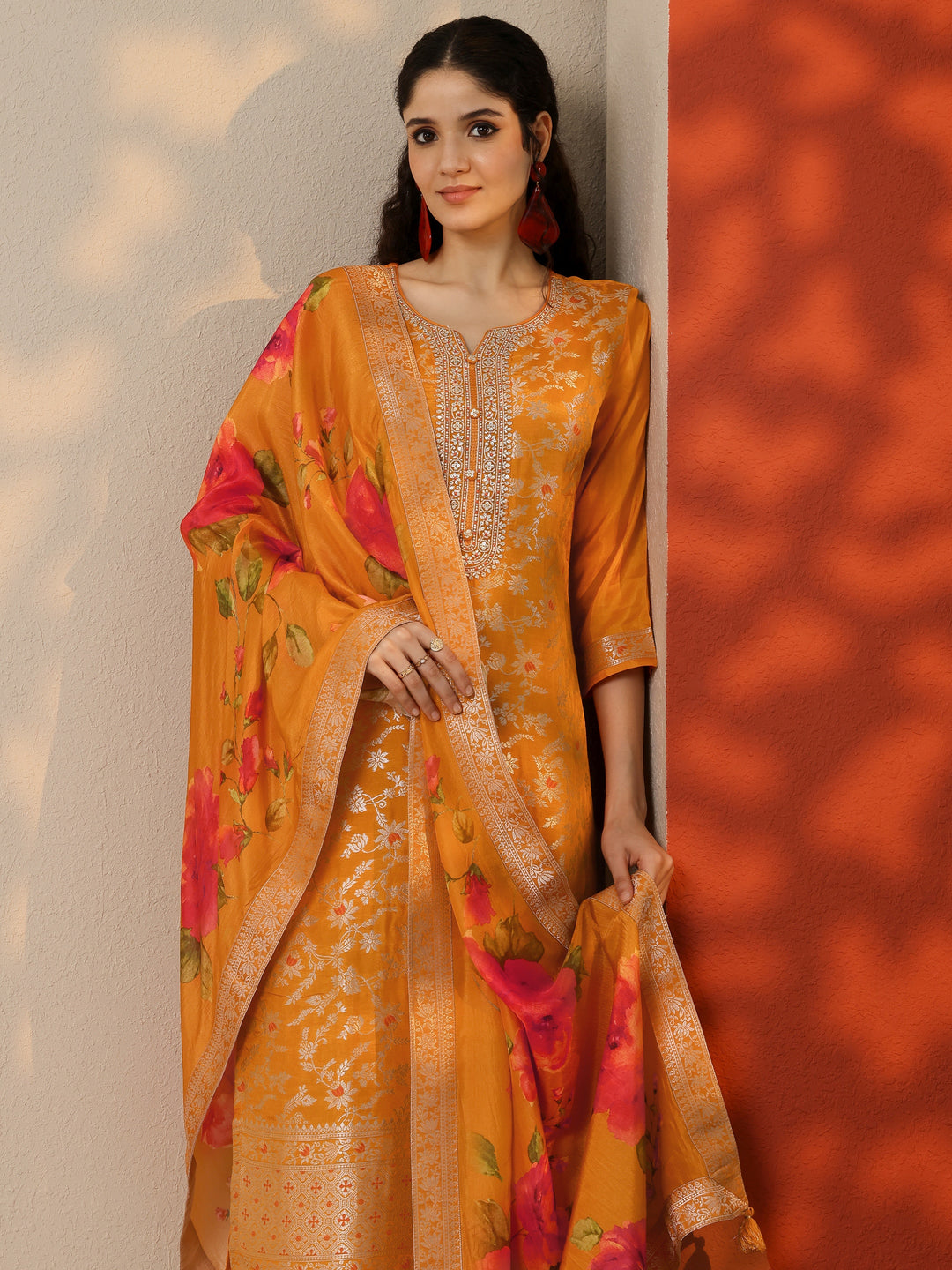 Orange Woven Design Silk Blend Straight Suit Set With Dupatta