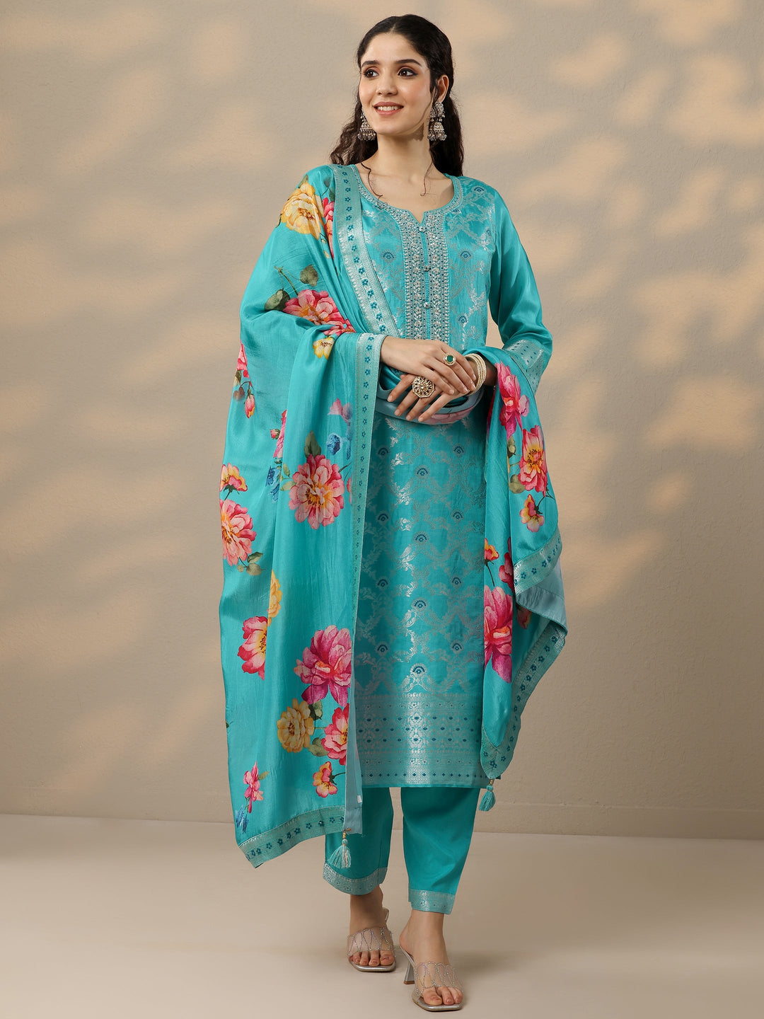 Blue Woven Design Silk Blend Straight Suit Set With Dupatta