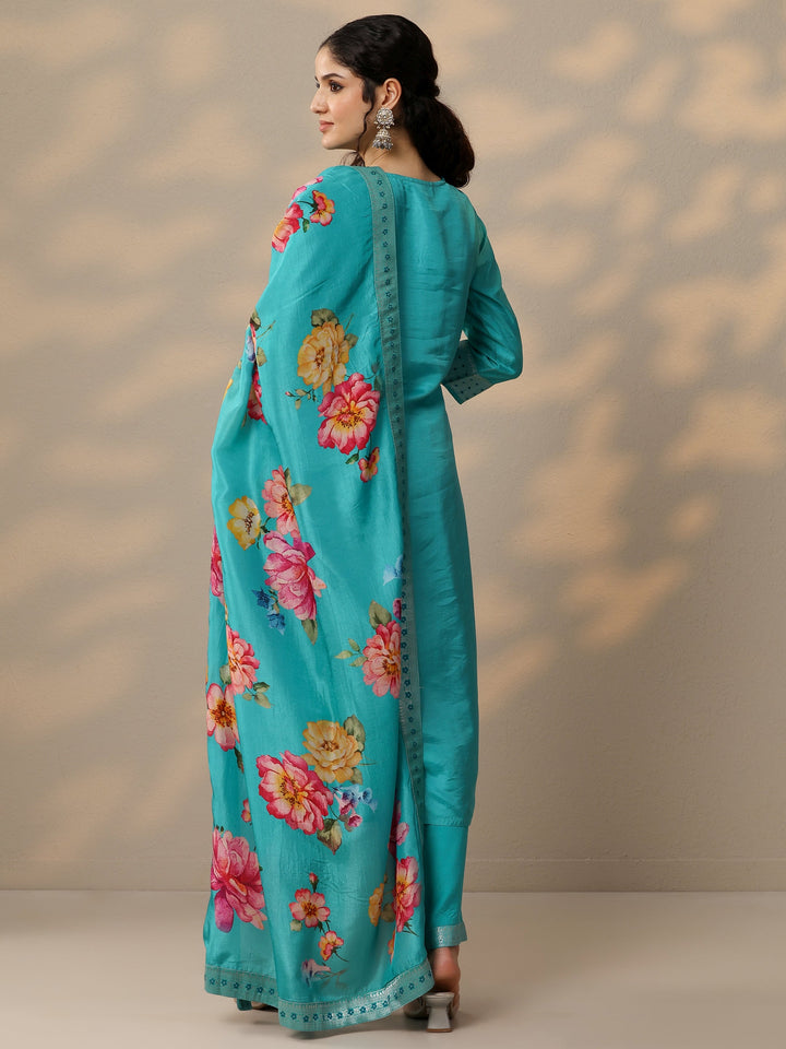 Blue Woven Design Silk Blend Straight Suit Set With Dupatta