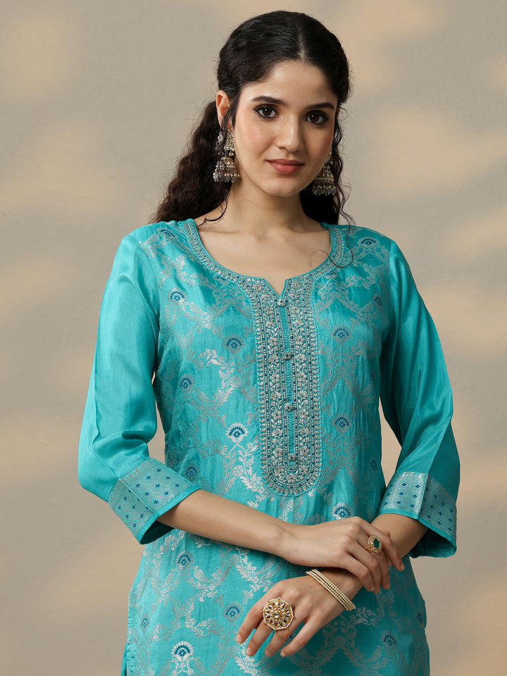 Blue Woven Design Silk Blend Straight Suit Set With Dupatta
