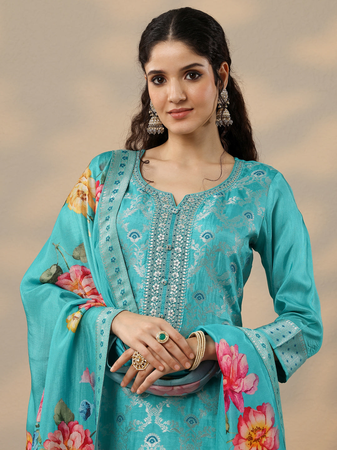 Blue Woven Design Silk Blend Straight Suit Set With Dupatta