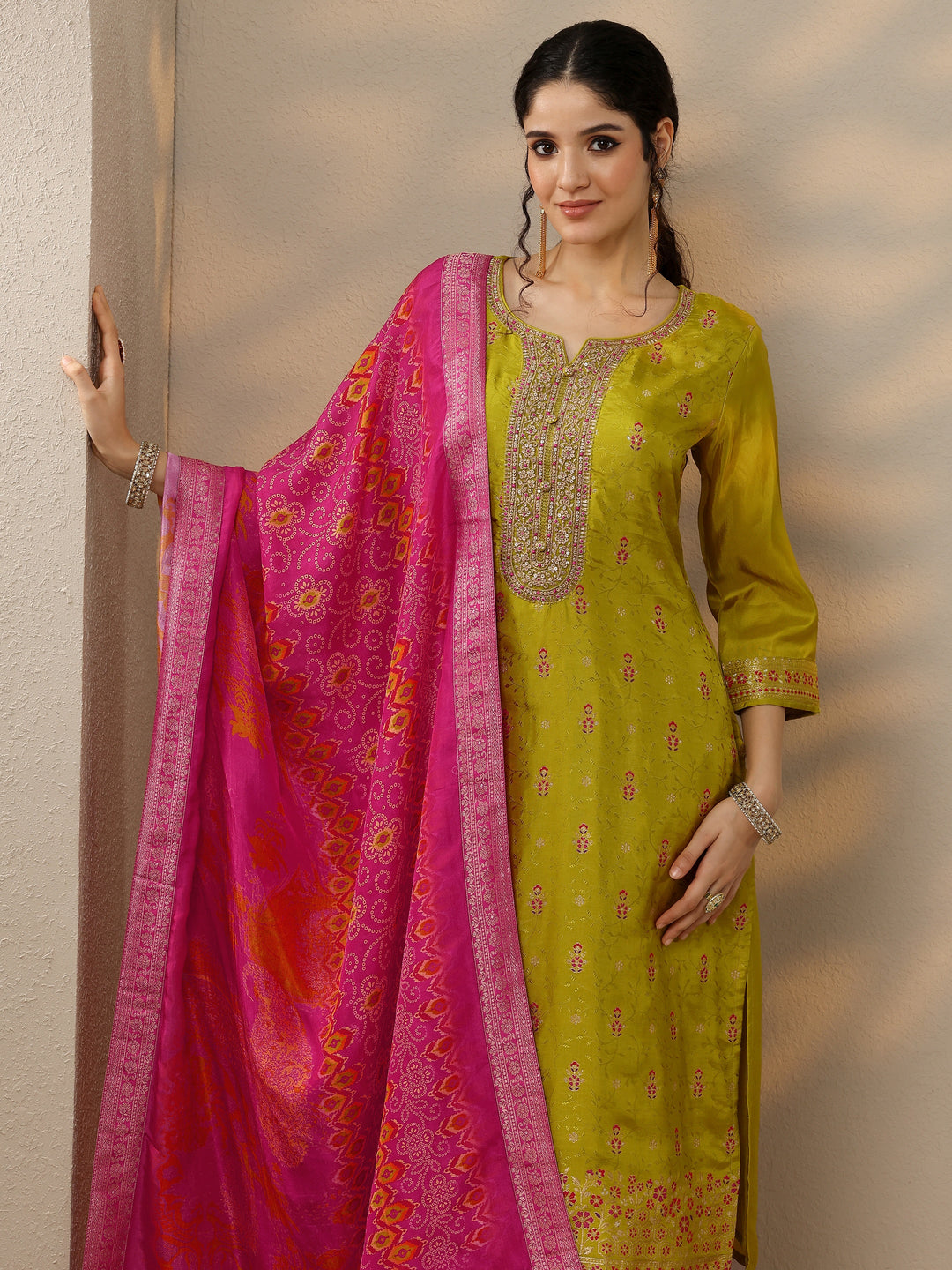 Lime Green Woven Design Silk Blend Straight Suit Set With Dupatta