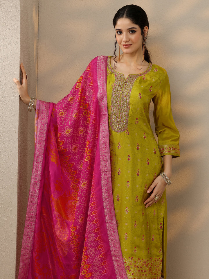 Lime Green Woven Design Silk Blend Straight Suit Set With Dupatta