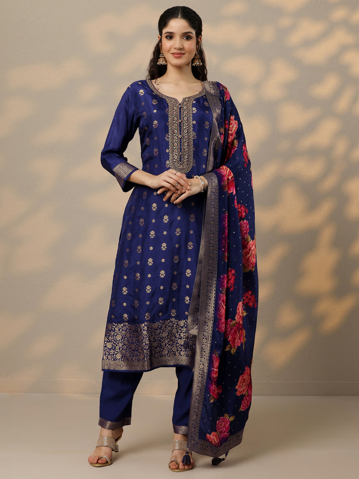 Purple Woven Design Silk Blend Straight Suit Set With Dupatta