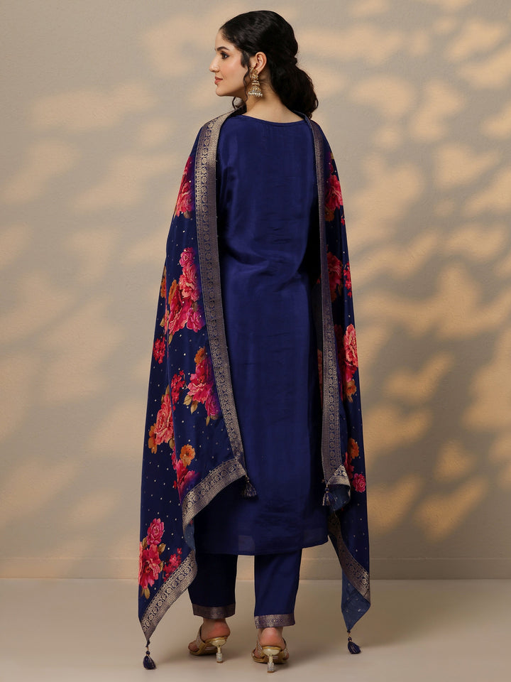 Purple Woven Design Silk Blend Straight Suit Set With Dupatta