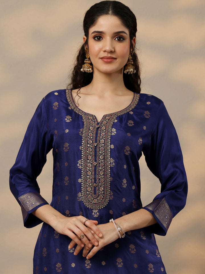 Purple Woven Design Silk Blend Straight Suit Set With Dupatta
