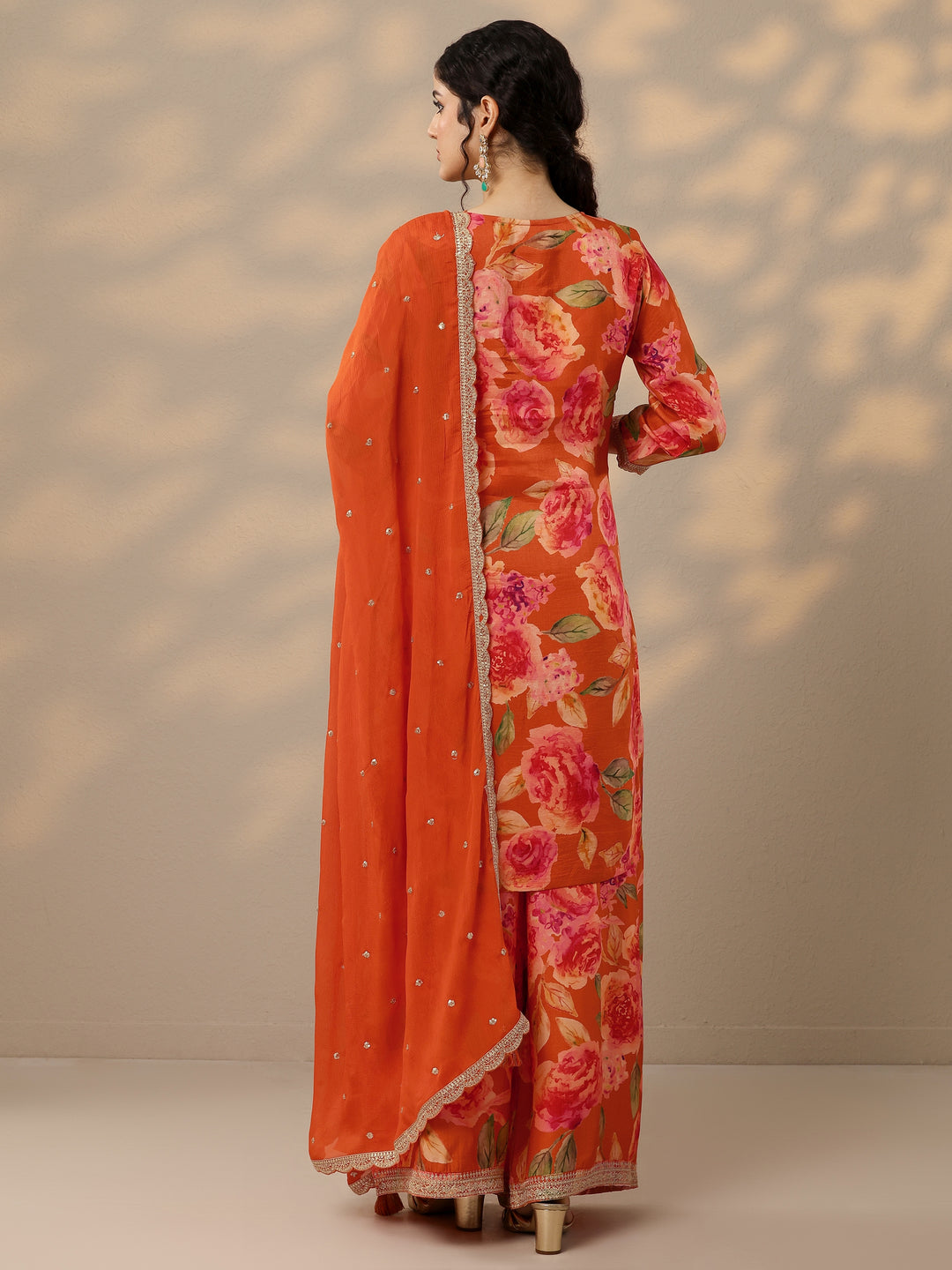 Orange Printed Silk Blend Straight Suit Set With Dupatta