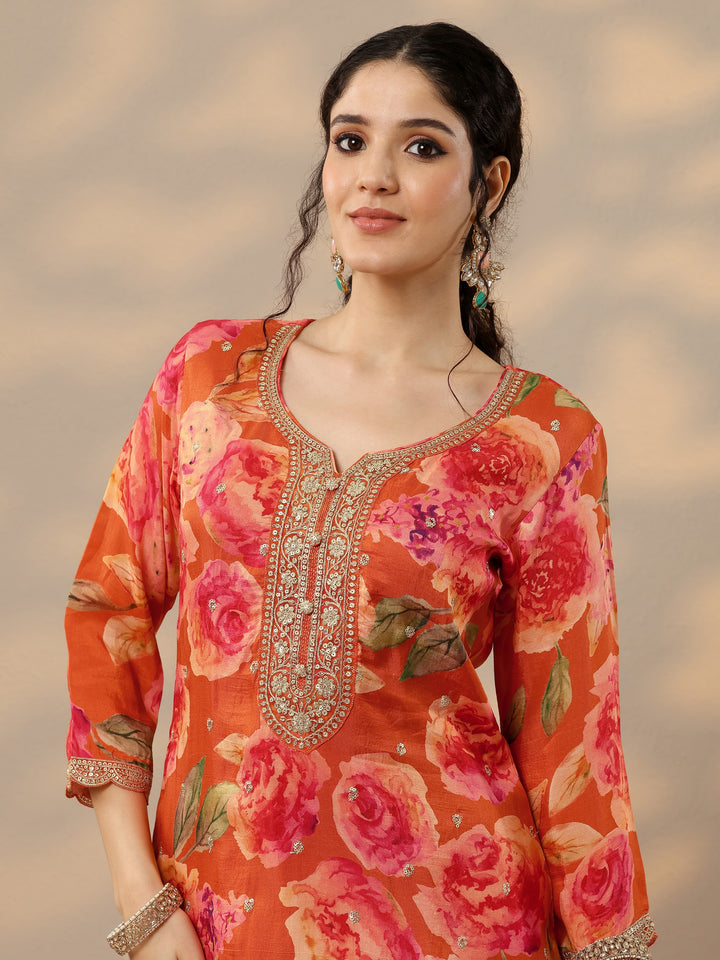 Orange Printed Silk Blend Straight Suit Set With Dupatta