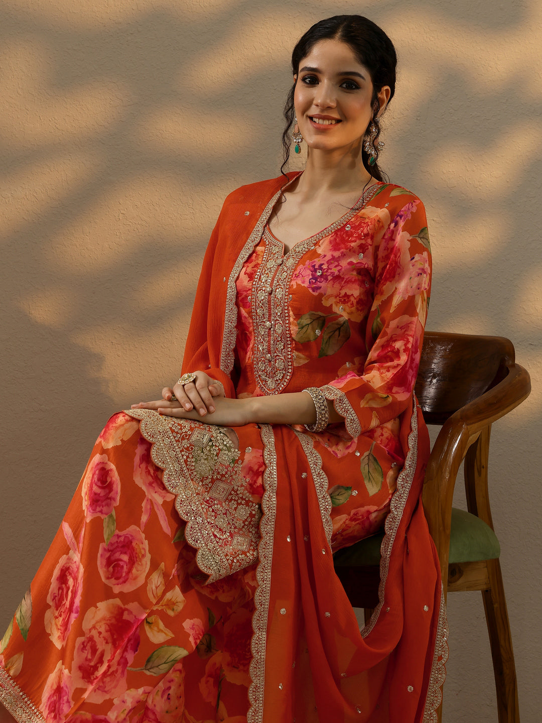 Orange Printed Silk Blend Straight Suit Set With Dupatta