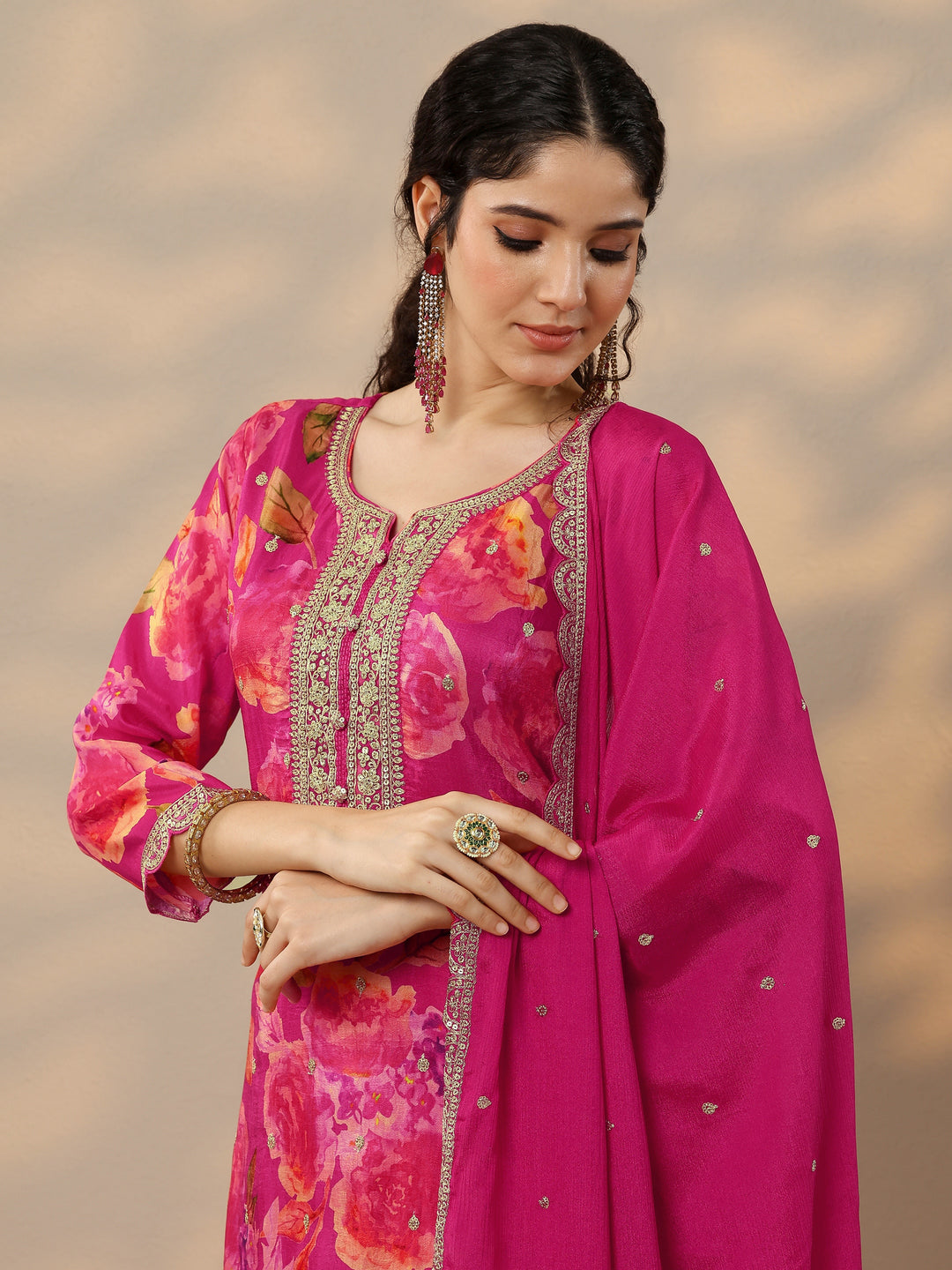 Magenta Printed Silk Blend Straight Suit Set With Dupatta