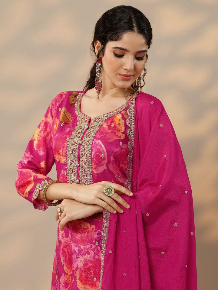 Magenta Printed Silk Blend Straight Suit Set With Dupatta