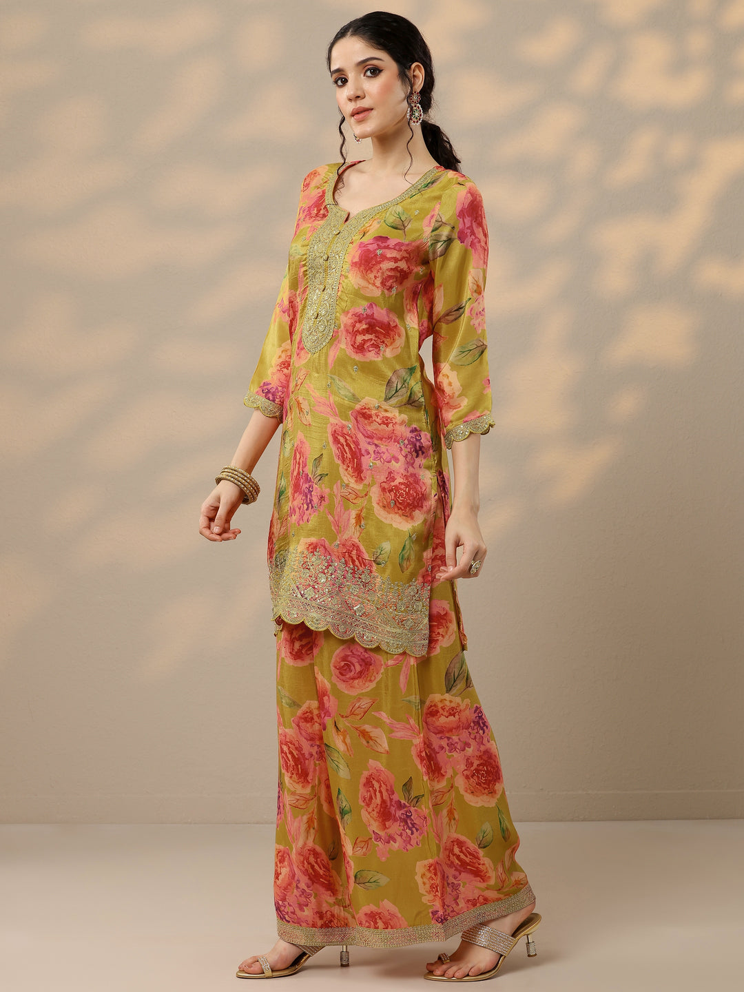 Mustard Printed Silk Blend Straight Suit Set With Dupatta