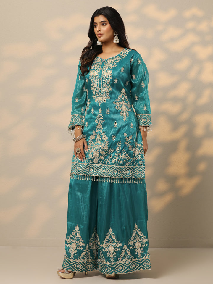 Libas Art Blue Embroidered Organza Straight Suit Set With Dupatta