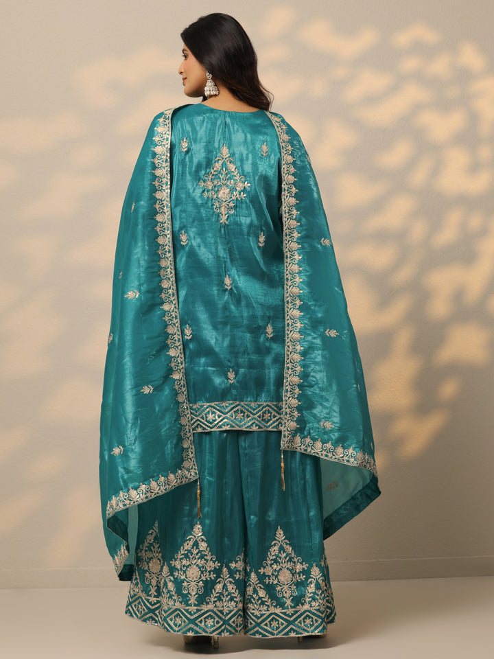 Libas Art Blue Embroidered Organza Straight Suit Set With Dupatta