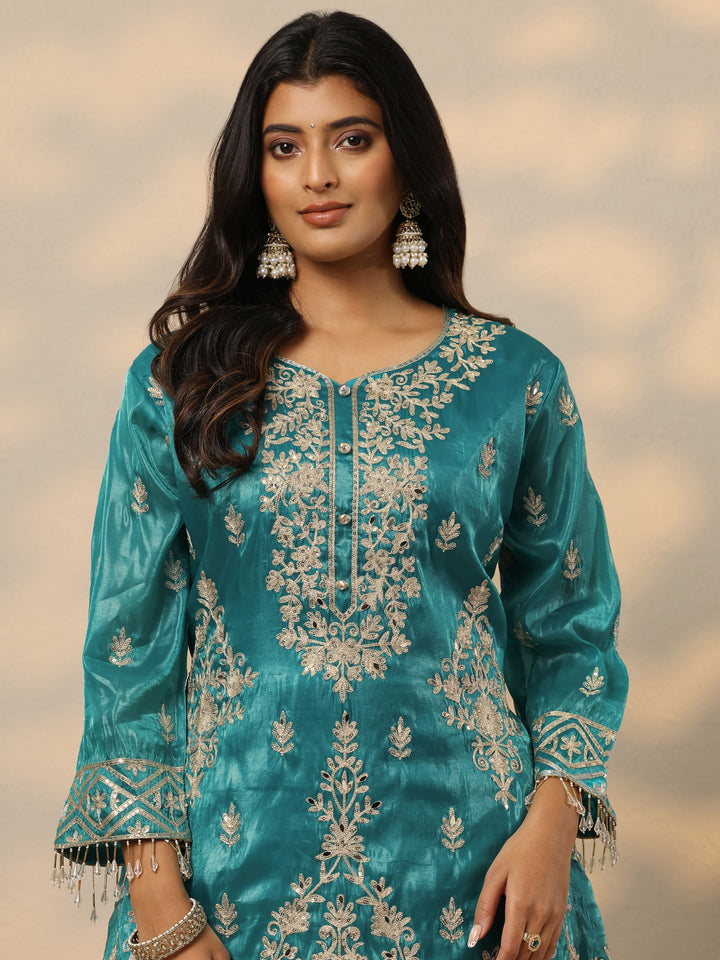 Libas Art Blue Embroidered Organza Straight Suit Set With Dupatta