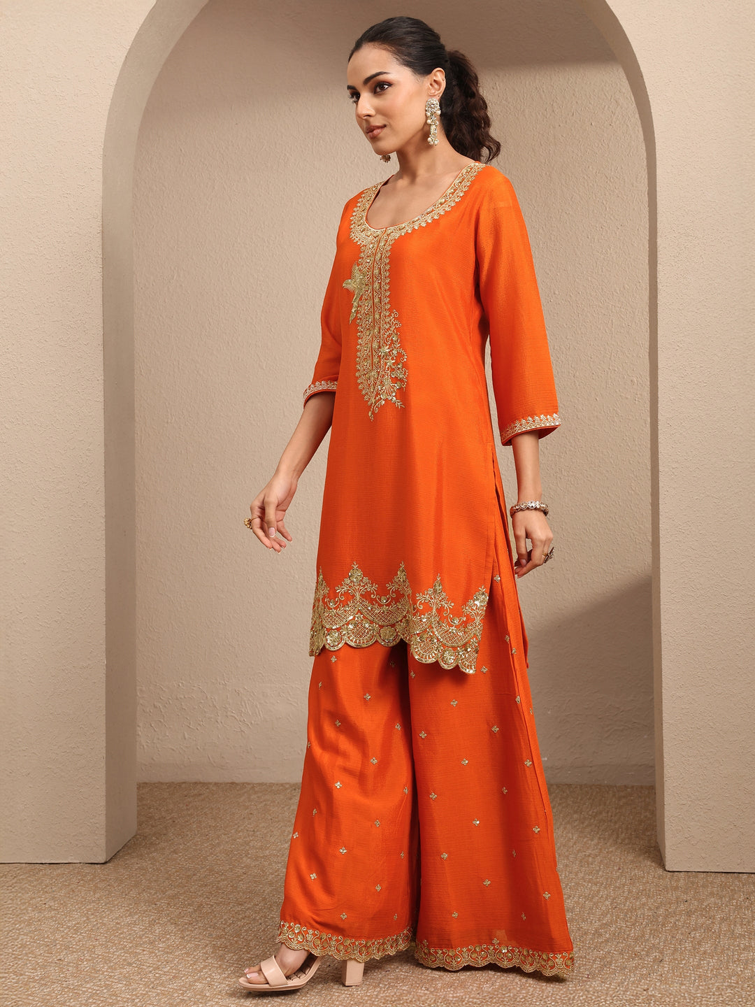 Orange Embroidered Chinon Straight Suit Set With Dupatta