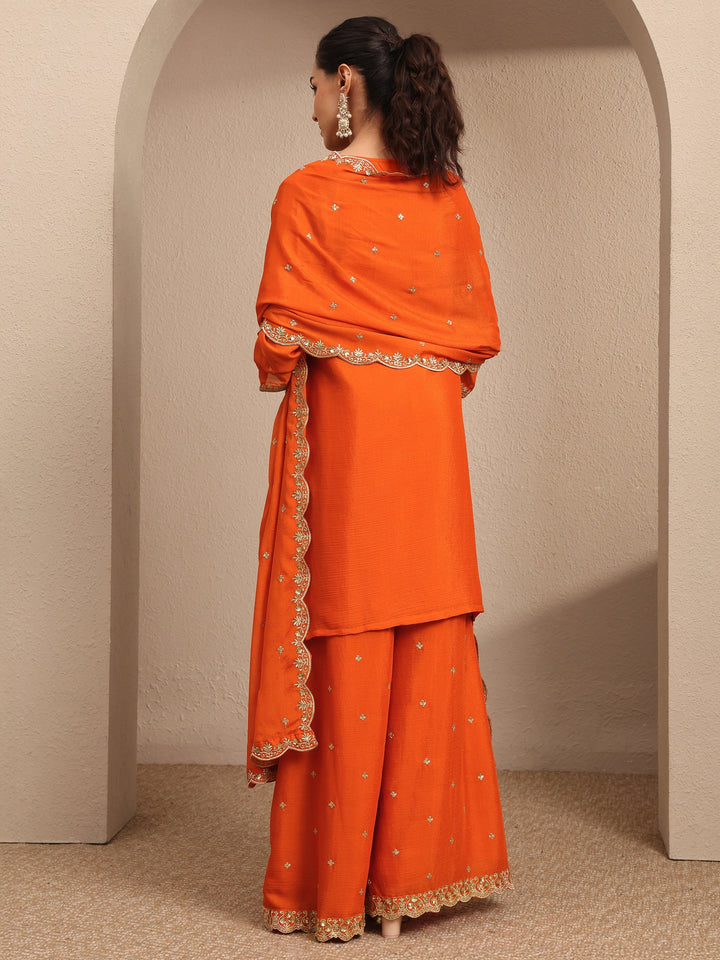 Orange Embroidered Chinon Straight Suit Set With Dupatta